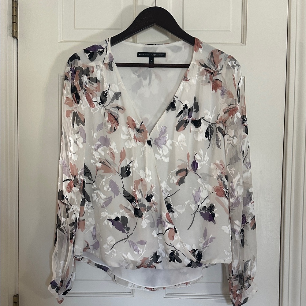 White House Black Market Floral Blouse - White and Multicolor